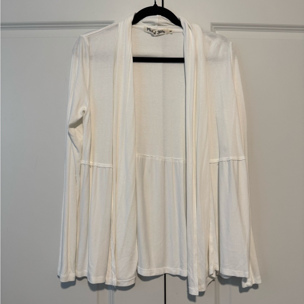 Michael Stars White Open Front Waffle Weave Knit Cardigan Sweater One Size